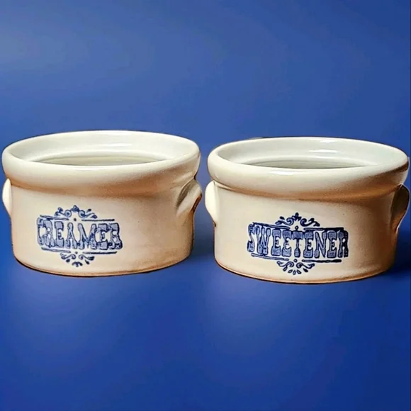 VTG *RARE* Mikasa Japan Stoneware Crock Set CREAMER & SWEETENER  Blue Typography - Picture 2 of 13